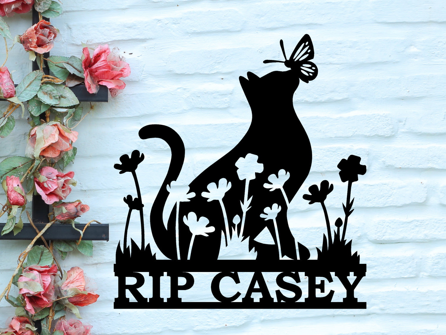 Cat with Flowers and Butterfly Personalized Metal Sign - Madison Iron and Wood