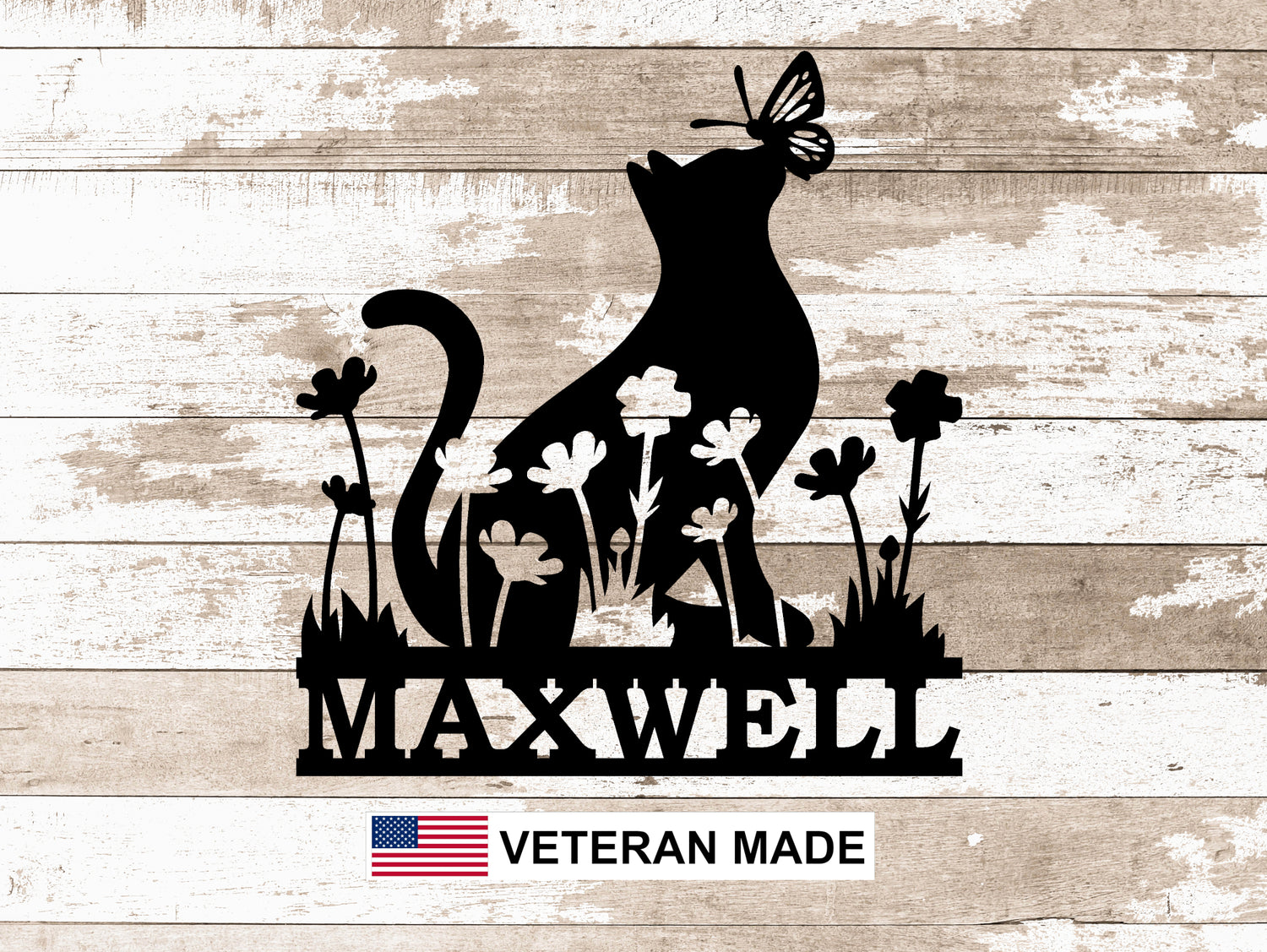 Cat with Flowers and Butterfly Personalized Metal Sign - Madison Iron and Wood