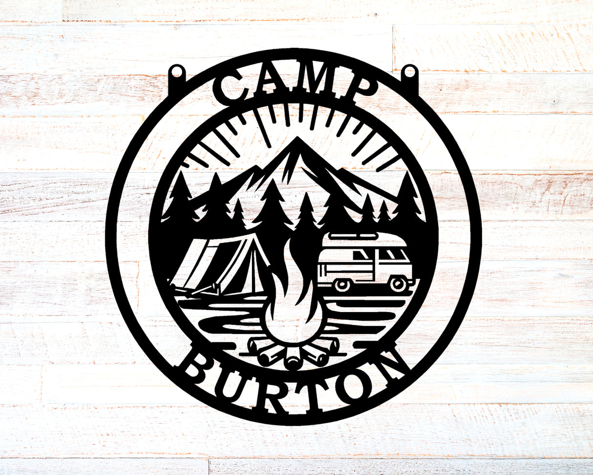 Camper-Firepit-Mountains-Tent Personalized Round Metal Sign - Two Lines - Madison Iron and Wood