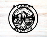 Camper-Firepit-Mountains-Tent Personalized Round Metal Sign - Two Lines - Madison Iron and Wood