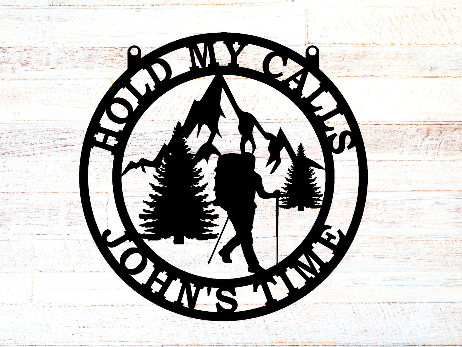 Hiker-Mountain-Trees Personalized Round Metal Sign - Two Lines - Madison Iron and Wood