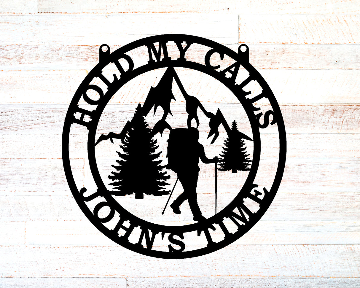 Hiker-Mountain-Trees Personalized Round Metal Sign - Two Lines