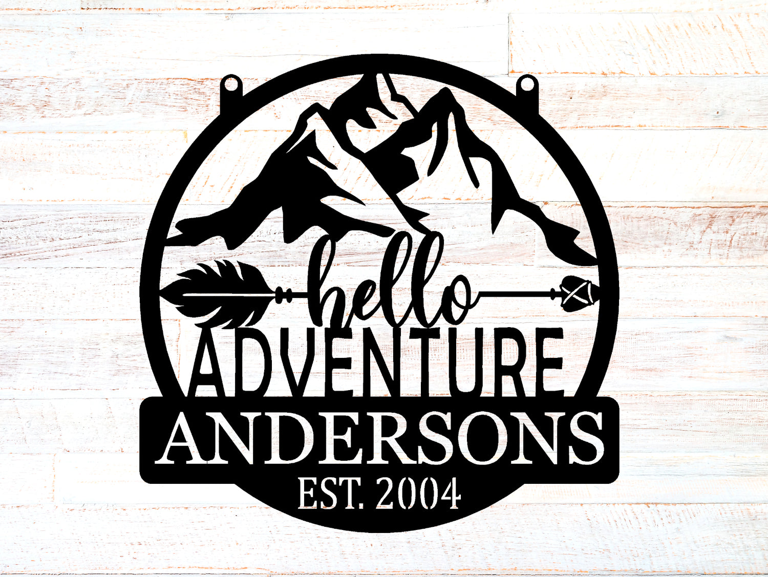 Mountain-Arrow-Hello Adventure Personalized Round Metal Sign - Two Lines - Madison Iron and Wood