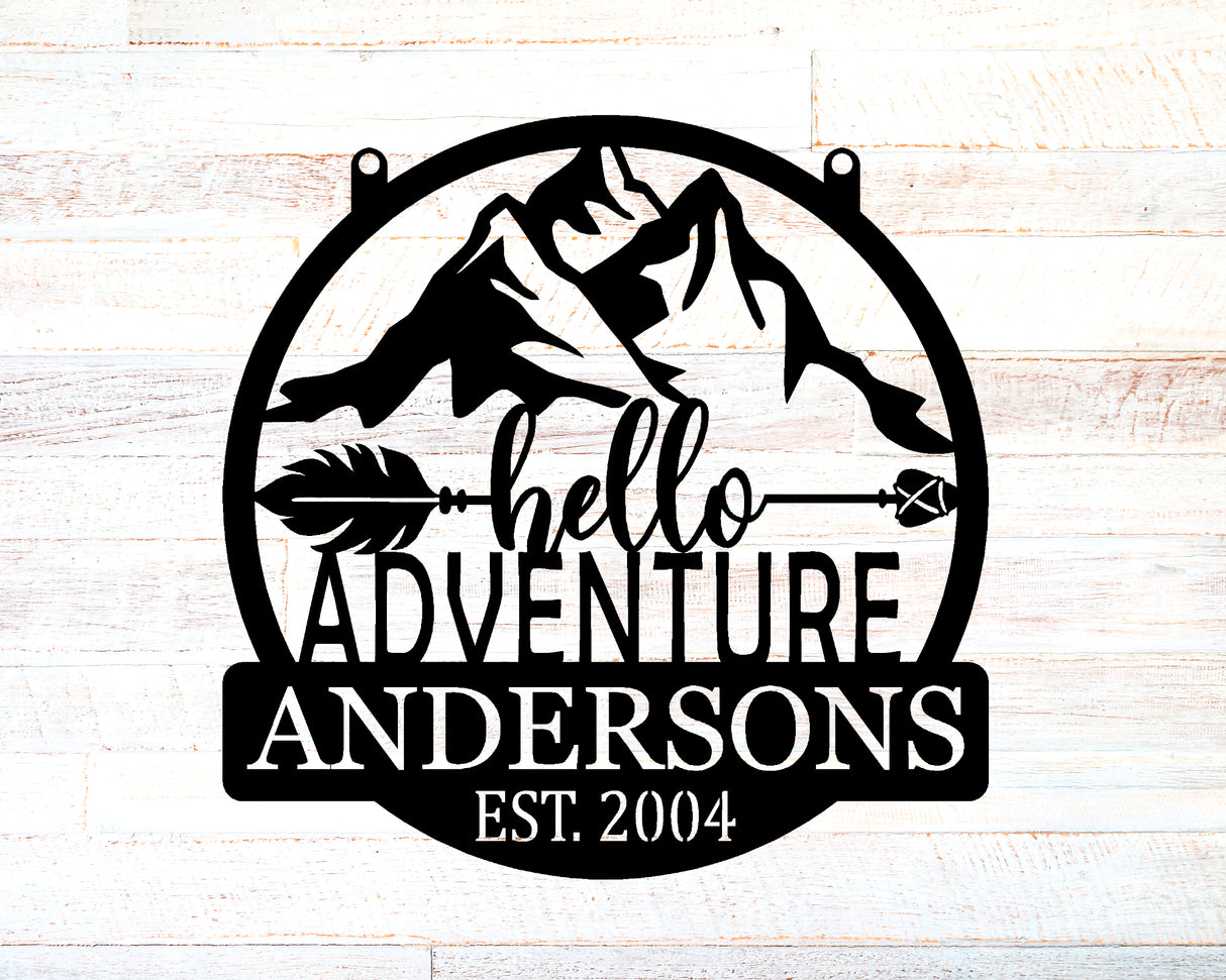 Mountain-Arrow-Hello Adventure Personalized Round Metal Sign - Two Lines