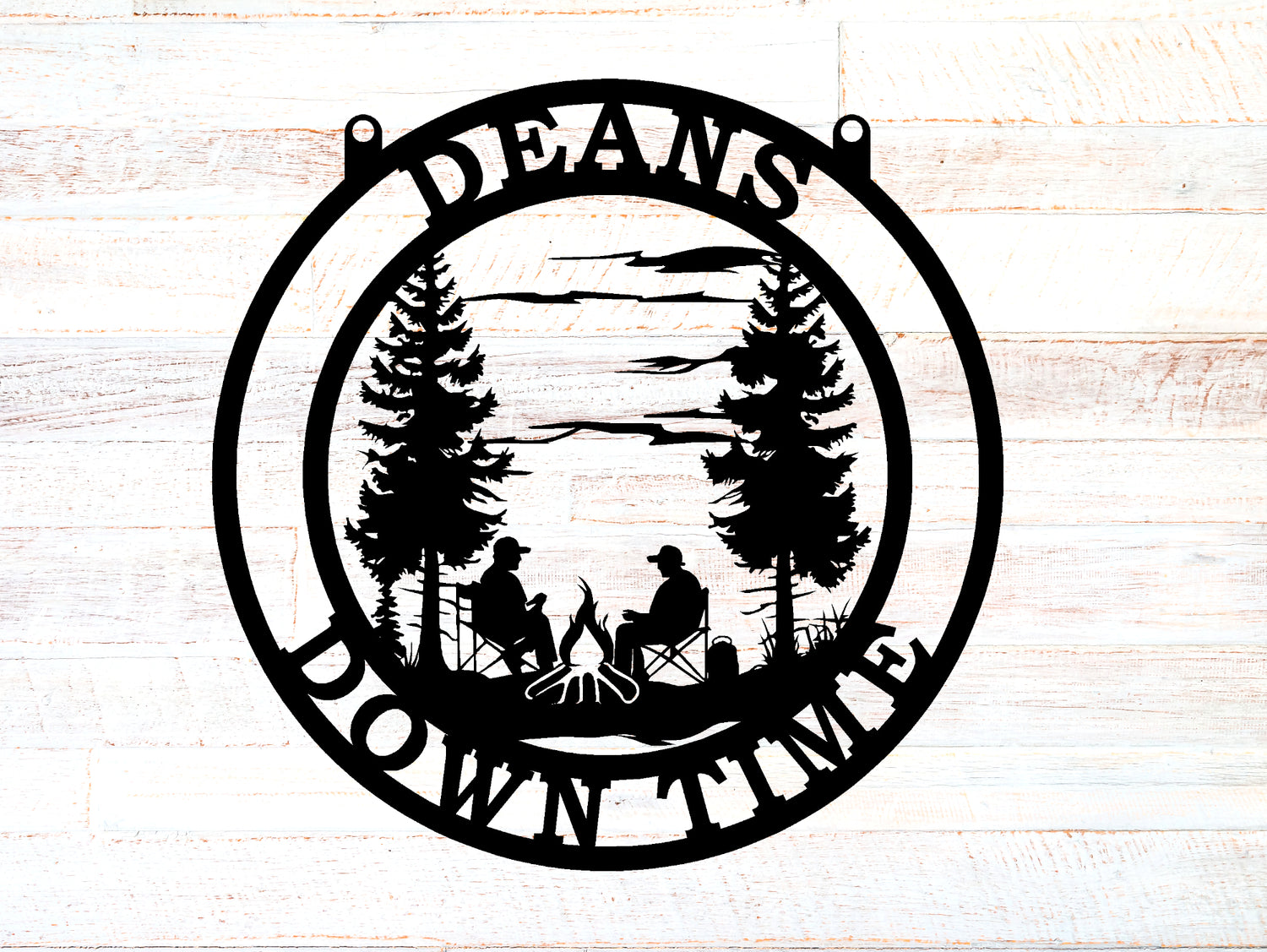 Two Campers Sitting between Trees Personalized Round Metal Sign - Two Lines - Madison Iron and Wood