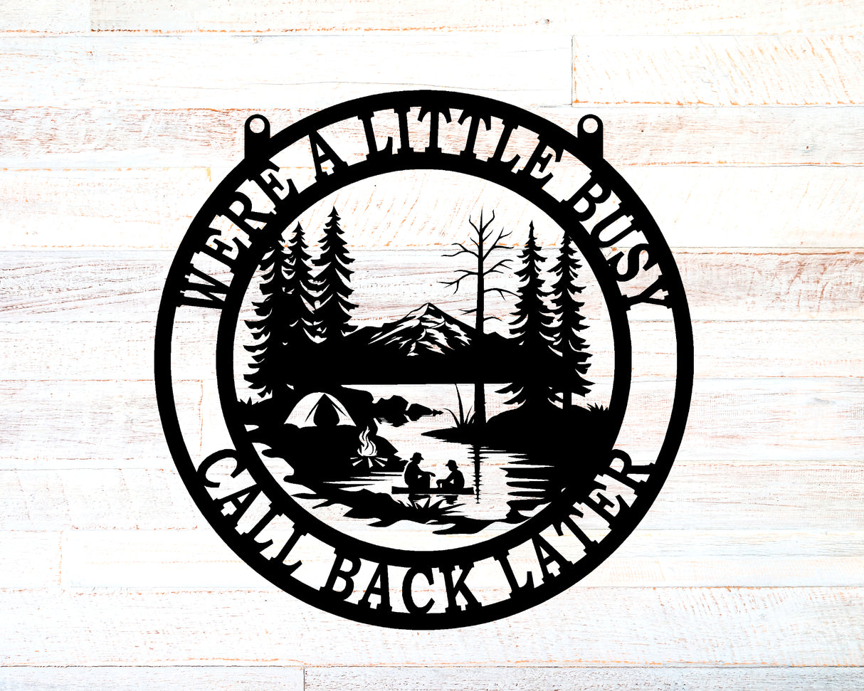 Lake-Tent-Boat-Mountains Personalized Round Metal Sign - Two Lines - Madison Iron and Wood