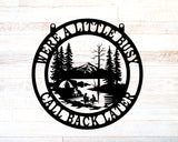 Lake-Tent-Boat-Mountains Personalized Round Metal Sign - Two Lines - Madison Iron and Wood