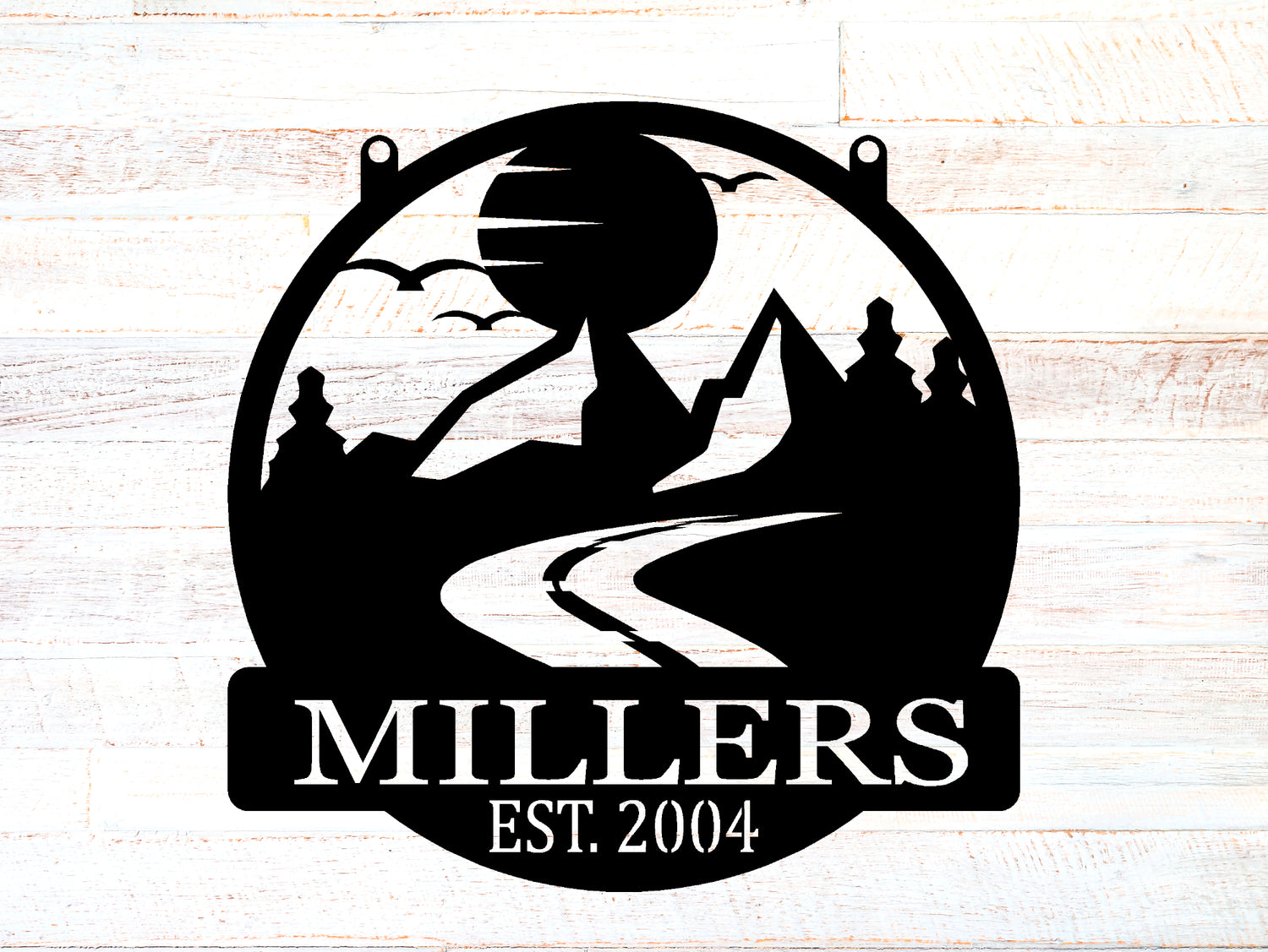 Road-Mountains-Sun Personalized Round Metal Sign - Name & EST Date - Madison Iron and Wood