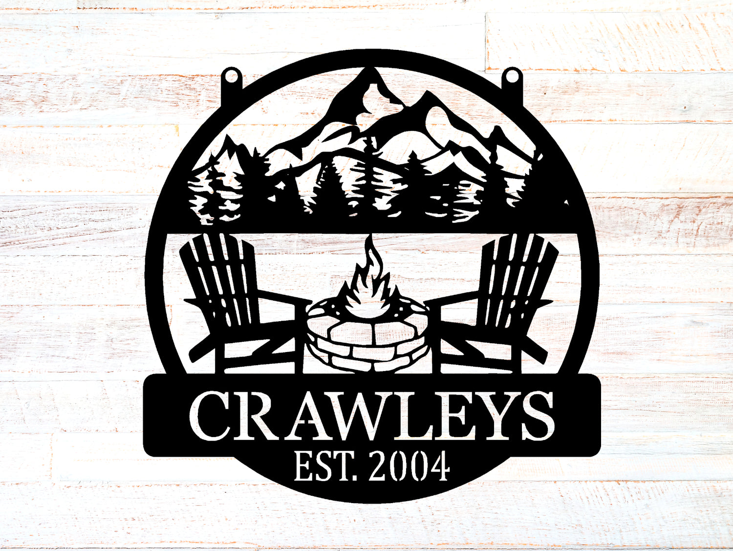 Chairs-Firepit-Mountains Personalized Round Metal Sign - Two Lines - Madison Iron and Wood