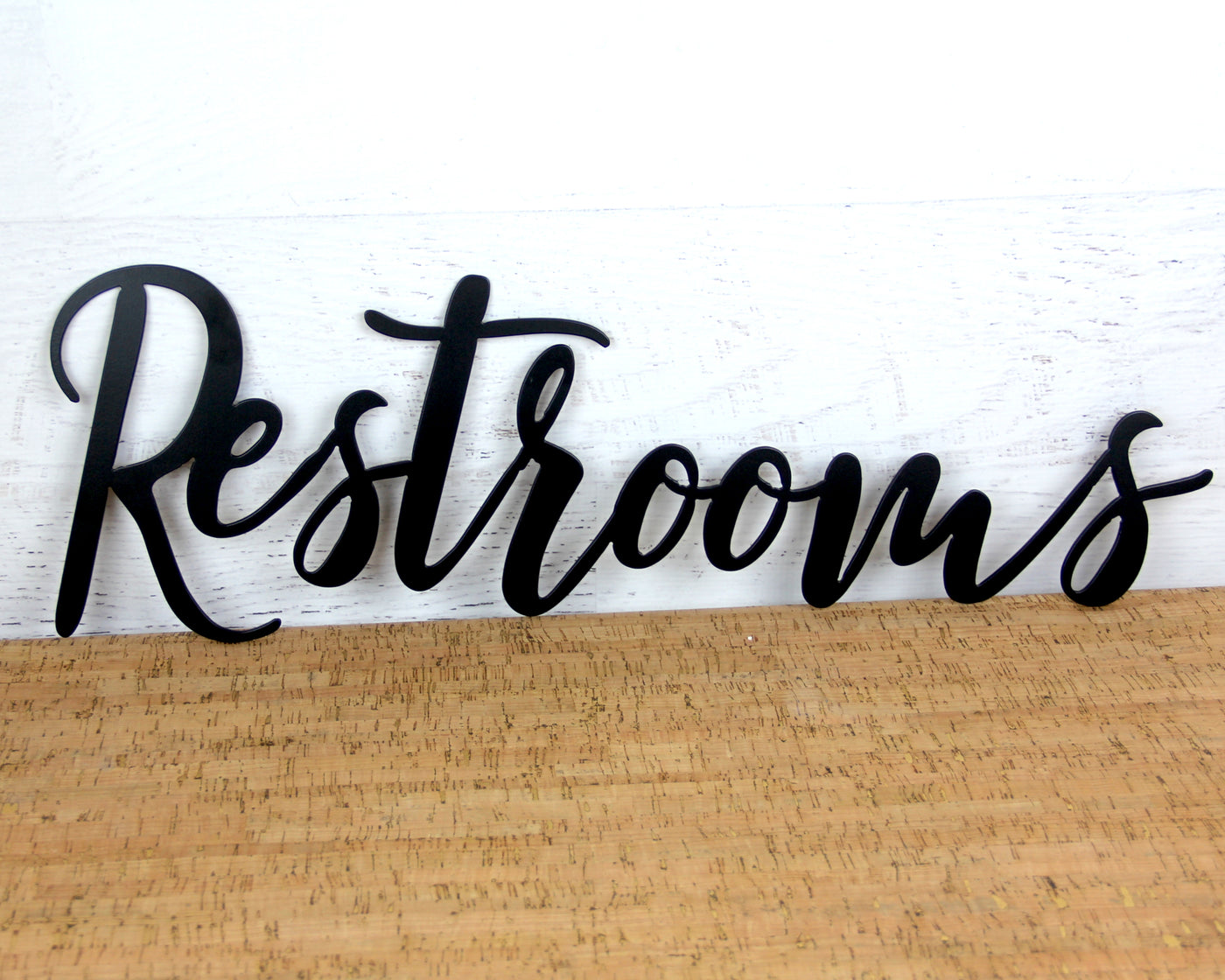 Restroom or Restrooms Sign Metal Word Sign - Madison Iron and Wood - Wall Art - metal outdoor decor - Steel deocrations - american made products - veteran owned business products - fencing decorations - fencing supplies - custom wall decorations - personalized wall signs - steel - decorative post caps - steel post caps - metal post caps - brackets - structural brackets - home improvement - easter - easter decorations - easter gift - easter yard decor