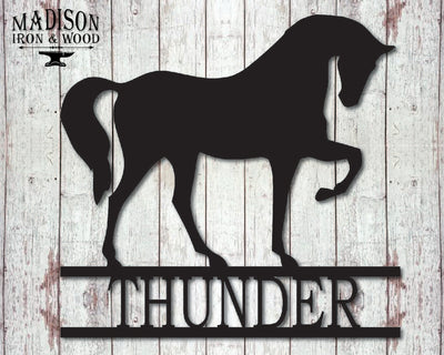 Personalized Horse Metal Sign with Name - Madison Iron and Wood - Metal Art - metal outdoor decor - Steel deocrations - american made products - veteran owned business products - fencing decorations - fencing supplies - custom wall decorations - personalized wall signs - steel - decorative post caps - steel post caps - metal post caps - brackets - structural brackets - home improvement - easter - easter decorations - easter gift - easter yard decor