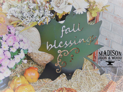 Fall Blessings Metal Word Sign - Madison Iron and Wood - Wall Art - metal outdoor decor - Steel deocrations - american made products - veteran owned business products - fencing decorations - fencing supplies - custom wall decorations - personalized wall signs - steel - decorative post caps - steel post caps - metal post caps - brackets - structural brackets - home improvement - easter - easter decorations - easter gift - easter yard decor