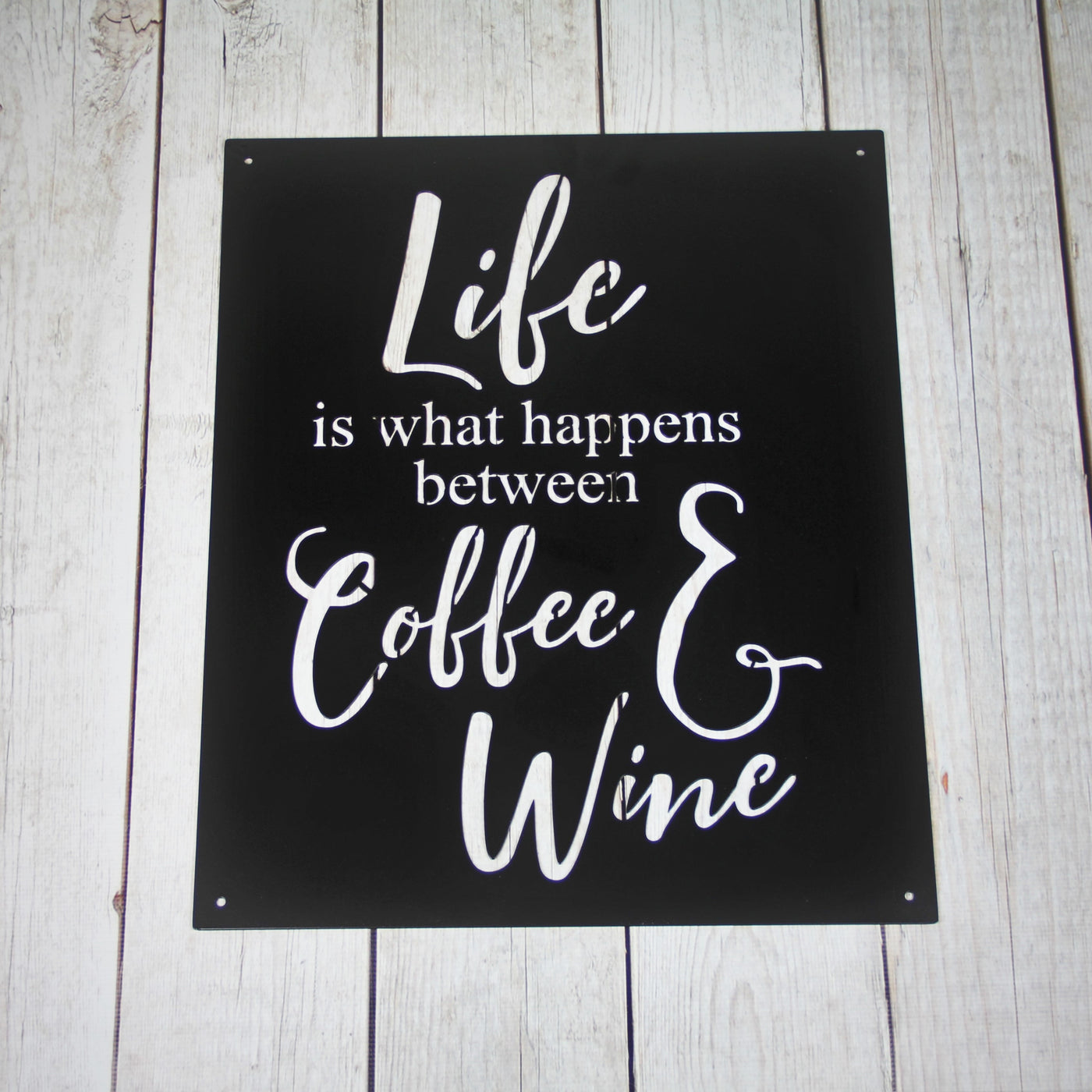 Coffee and Wine Metal Word Sign - Madison Iron and Wood - Wall Art - metal outdoor decor - Steel deocrations - american made products - veteran owned business products - fencing decorations - fencing supplies - custom wall decorations - personalized wall signs - steel - decorative post caps - steel post caps - metal post caps - brackets - structural brackets - home improvement - easter - easter decorations - easter gift - easter yard decor