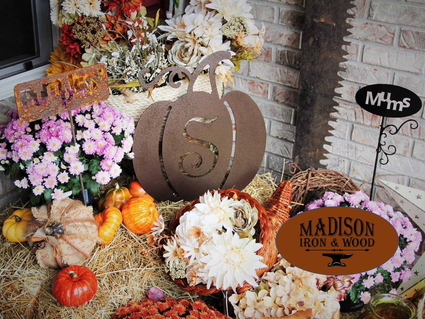 Personalized Monogram Pumpkin Metal Sign - Madison Iron and Wood - Monogram Sign - metal outdoor decor - Steel deocrations - american made products - veteran owned business products - fencing decorations - fencing supplies - custom wall decorations - personalized wall signs - steel - decorative post caps - steel post caps - metal post caps - brackets - structural brackets - home improvement - easter - easter decorations - easter gift - easter yard decor