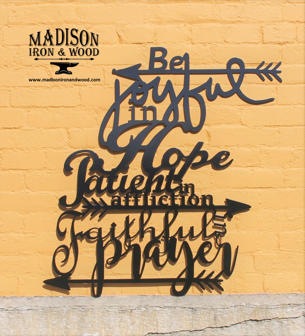 Joyful Hope Patient Faithful Metal Word Sign - Madison Iron and Wood - Metal Art - metal outdoor decor - Steel deocrations - american made products - veteran owned business products - fencing decorations - fencing supplies - custom wall decorations - personalized wall signs - steel - decorative post caps - steel post caps - metal post caps - brackets - structural brackets - home improvement - easter - easter decorations - easter gift - easter yard decor