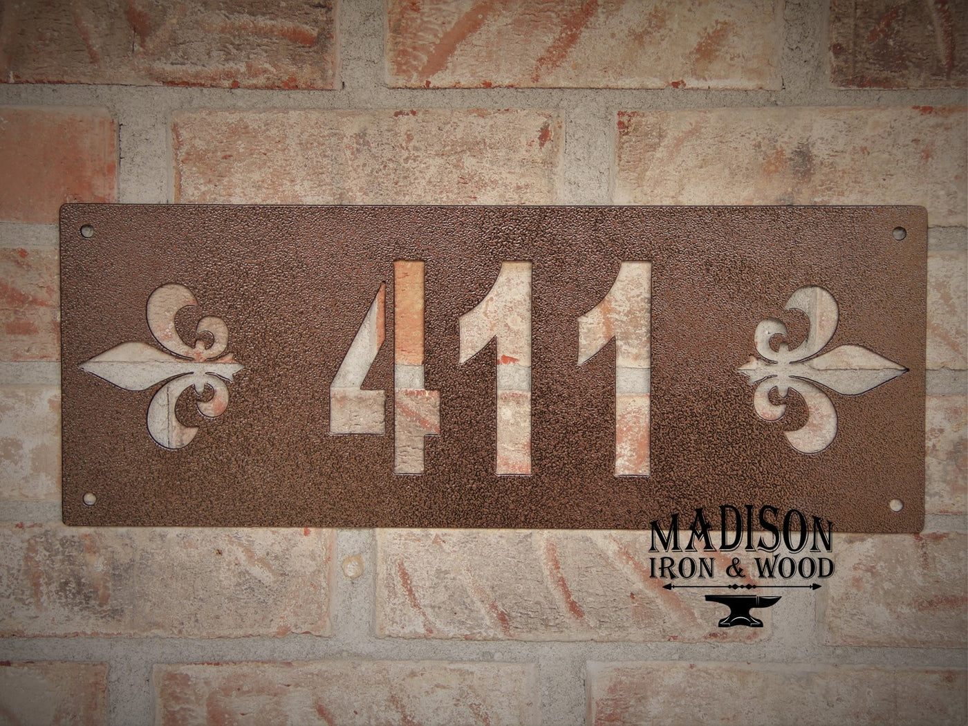 Personalized Fleur De Lis Metal Sign with Street Address Numbers, House Numbers - Madison Iron and Wood - Wall Art - metal outdoor decor - Steel deocrations - american made products - veteran owned business products - fencing decorations - fencing supplies - custom wall decorations - personalized wall signs - steel - decorative post caps - steel post caps - metal post caps - brackets - structural brackets - home improvement - easter - easter decorations - easter gift - easter yard decor