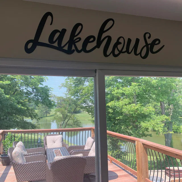 Lakehouse Metal Word Sign - Madison Iron and Wood - Metal Word Art - metal outdoor decor - Steel deocrations - american made products - veteran owned business products - fencing decorations - fencing supplies - custom wall decorations - personalized wall signs - steel - decorative post caps - steel post caps - metal post caps - brackets - structural brackets - home improvement - easter - easter decorations - easter gift - easter yard decor