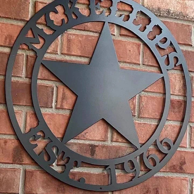 Personalized Texas Star Metal Sign with Name and EST. Date - Madison Iron and Wood - Personalized sign - metal outdoor decor - Steel deocrations - american made products - veteran owned business products - fencing decorations - fencing supplies - custom wall decorations - personalized wall signs - steel - decorative post caps - steel post caps - metal post caps - brackets - structural brackets - home improvement - easter - easter decorations - easter gift - easter yard decor