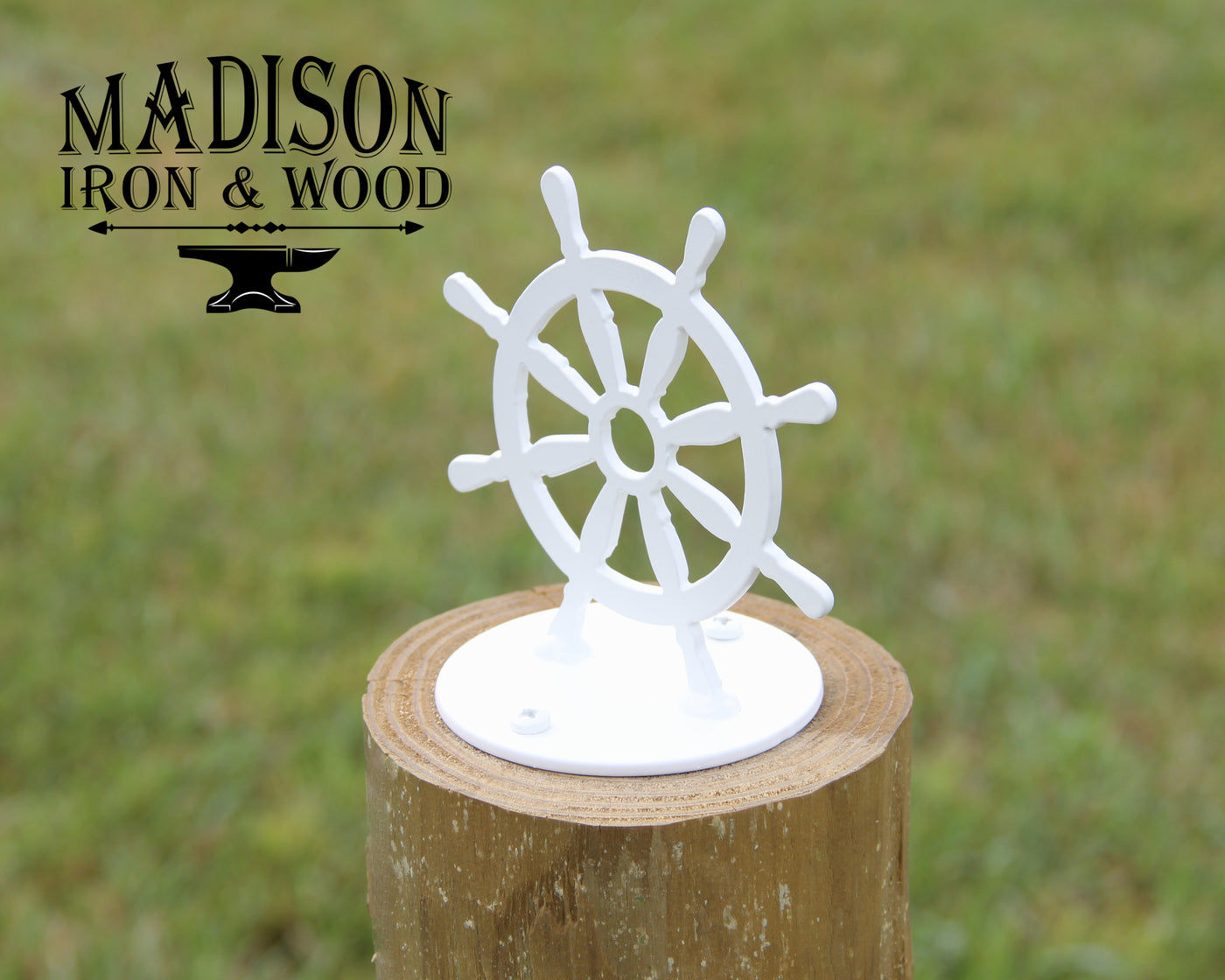 Ship Wheel Post Top For Round Wood Fence Post - Madison Iron and Wood - Post Cap - metal outdoor decor - Steel deocrations - american made products - veteran owned business products - fencing decorations - fencing supplies - custom wall decorations - personalized wall signs - steel - decorative post caps - steel post caps - metal post caps - brackets - structural brackets - home improvement - easter - easter decorations - easter gift - easter yard decor