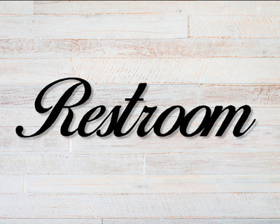 Restroom Metal Word Sign - Madison Iron and Wood - Metal Word Art - metal outdoor decor - Steel deocrations - american made products - veteran owned business products - fencing decorations - fencing supplies - custom wall decorations - personalized wall signs - steel - decorative post caps - steel post caps - metal post caps - brackets - structural brackets - home improvement - easter - easter decorations - easter gift - easter yard decor