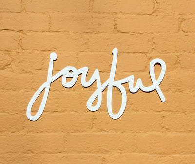 Joyful Metal Word Sign - Madison Iron and Wood - Metal Art - metal outdoor decor - Steel deocrations - american made products - veteran owned business products - fencing decorations - fencing supplies - custom wall decorations - personalized wall signs - steel - decorative post caps - steel post caps - metal post caps - brackets - structural brackets - home improvement - easter - easter decorations - easter gift - easter yard decor