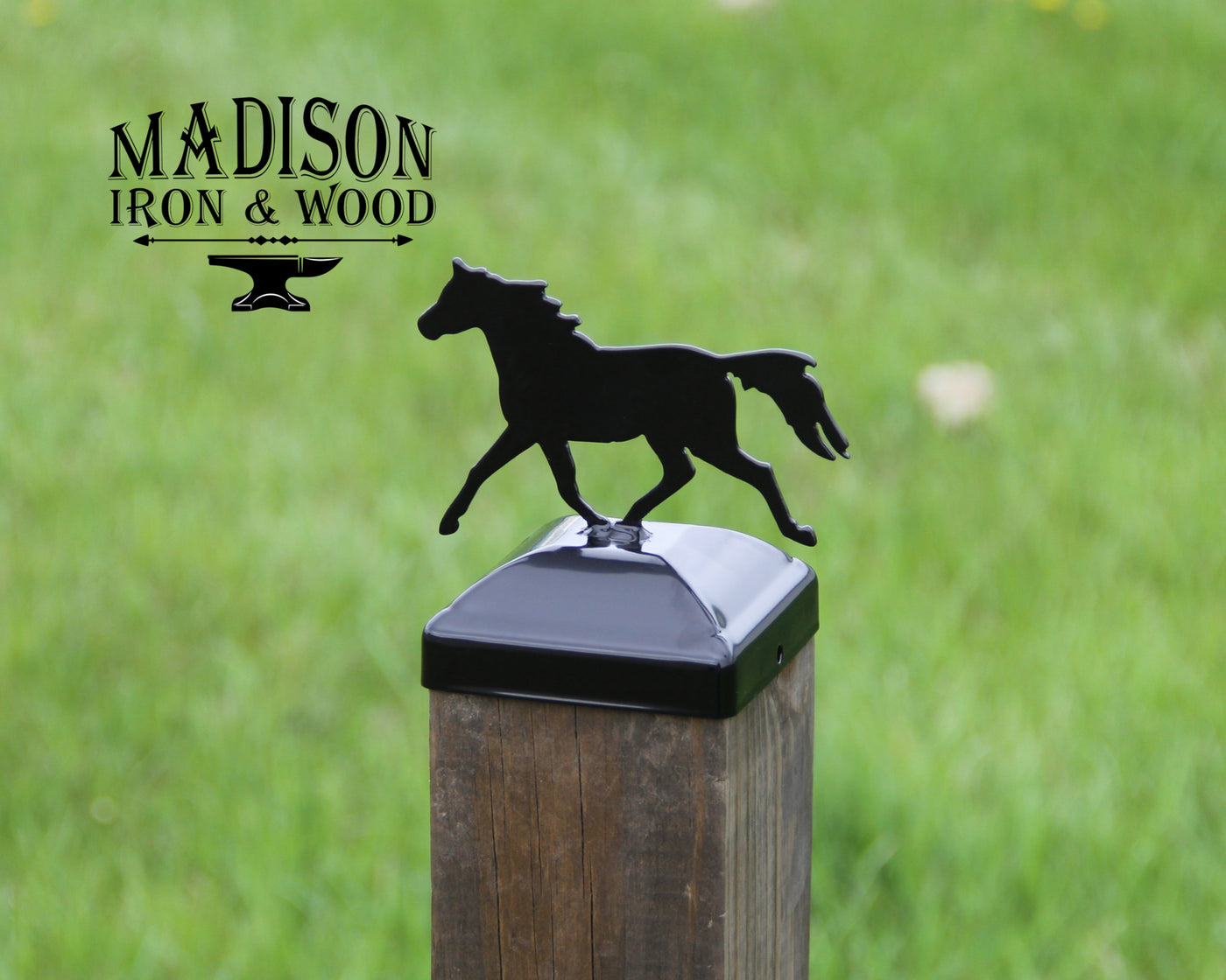 6x6 Trotting Horse Post Cap - Madison Iron and Wood - Post Cap - metal outdoor decor - Steel deocrations - american made products - veteran owned business products - fencing decorations - fencing supplies - custom wall decorations - personalized wall signs - steel - decorative post caps - steel post caps - metal post caps - brackets - structural brackets - home improvement - easter - easter decorations - easter gift - easter yard decor