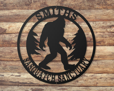 Personalized Sasquatch Round Metal Sign - Madison Iron and Wood - Personalized sign - metal outdoor decor - Steel deocrations - american made products - veteran owned business products - fencing decorations - fencing supplies - custom wall decorations - personalized wall signs - steel - decorative post caps - steel post caps - metal post caps - brackets - structural brackets - home improvement - easter - easter decorations - easter gift - easter yard decor
