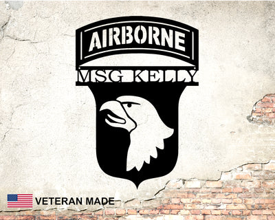 Personalized 101st Airborne Metal Sign with Rank and Name - Madison Iron and Wood - Personalized sign - metal outdoor decor - Steel deocrations - american made products - veteran owned business products - fencing decorations - fencing supplies - custom wall decorations - personalized wall signs - steel - decorative post caps - steel post caps - metal post caps - brackets - structural brackets - home improvement - easter - easter decorations - easter gift - easter yard decor