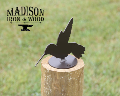 Hummingbird Post Top For Round Wood Posts - Madison Iron and Wood - Post Cap - metal outdoor decor - Steel deocrations - american made products - veteran owned business products - fencing decorations - fencing supplies - custom wall decorations - personalized wall signs - steel - decorative post caps - steel post caps - metal post caps - brackets - structural brackets - home improvement - easter - easter decorations - easter gift - easter yard decor