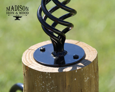 Spiral Cannonball Post Top For Round Wood Fence Post - Madison Iron and Wood - Post Cap - metal outdoor decor - Steel deocrations - american made products - veteran owned business products - fencing decorations - fencing supplies - custom wall decorations - personalized wall signs - steel - decorative post caps - steel post caps - metal post caps - brackets - structural brackets - home improvement - easter - easter decorations - easter gift - easter yard decor