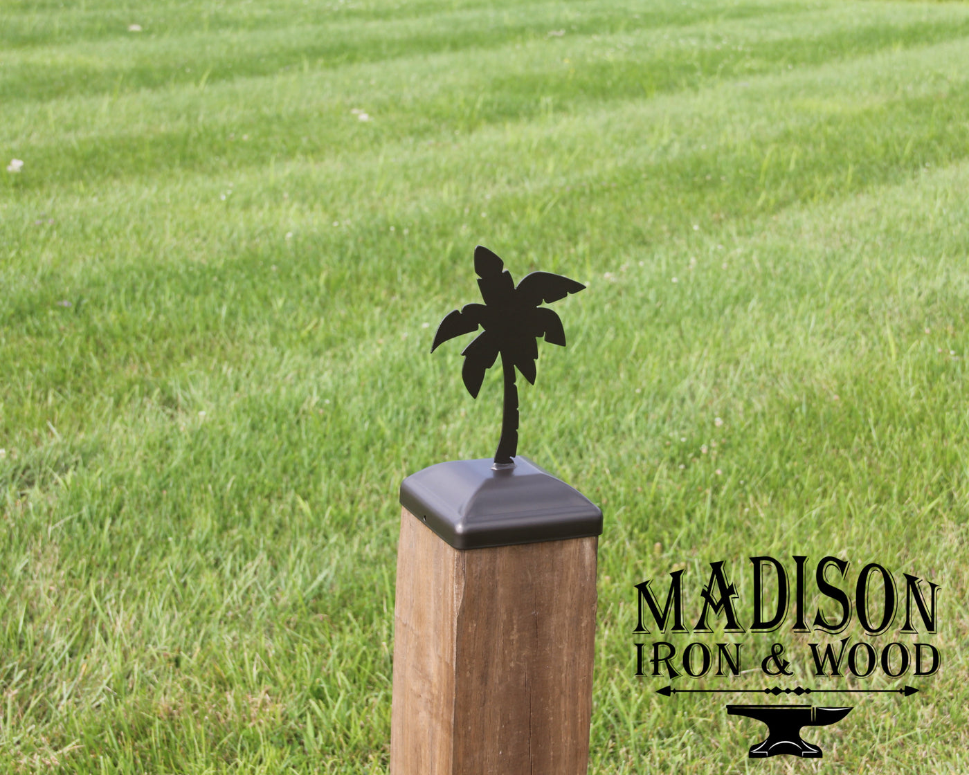 6x6 Palm Tree Post Cap - Madison Iron and Wood - Post Cap - metal outdoor decor - Steel deocrations - american made products - veteran owned business products - fencing decorations - fencing supplies - custom wall decorations - personalized wall signs - steel - decorative post caps - steel post caps - metal post caps - brackets - structural brackets - home improvement - easter - easter decorations - easter gift - easter yard decor