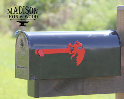 Dragon Mailbox Flag - Madison Iron and Wood - Mailbox Post Decor - metal outdoor decor - Steel deocrations - american made products - veteran owned business products - fencing decorations - fencing supplies - custom wall decorations - personalized wall signs - steel - decorative post caps - steel post caps - metal post caps - brackets - structural brackets - home improvement - easter - easter decorations - easter gift - easter yard decor