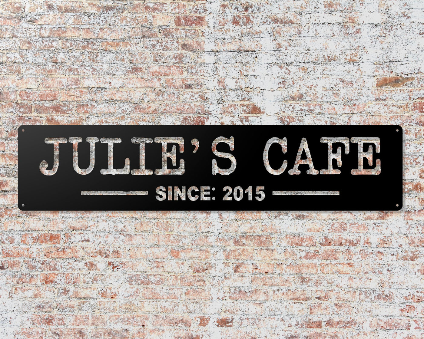 Personalized Cafe Metal Sign with Name and EST. Date - Madison Iron and Wood - Personalized sign - metal outdoor decor - Steel deocrations - american made products - veteran owned business products - fencing decorations - fencing supplies - custom wall decorations - personalized wall signs - steel - decorative post caps - steel post caps - metal post caps - brackets - structural brackets - home improvement - easter - easter decorations - easter gift - easter yard decor