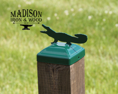 4x4 Alligator Post Cap - Madison Iron and Wood - Post Cap - metal outdoor decor - Steel deocrations - american made products - veteran owned business products - fencing decorations - fencing supplies - custom wall decorations - personalized wall signs - steel - decorative post caps - steel post caps - metal post caps - brackets - structural brackets - home improvement - mothers day - mothers day gift - mothers day ideas - summer decor - spring decor- spring yard decor - summer yard decor