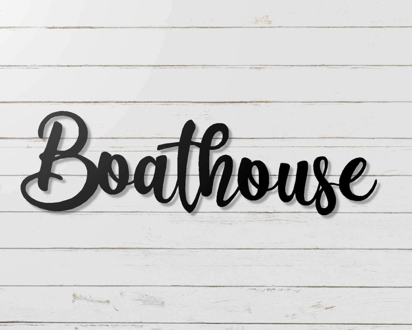 Boathouse Metal Word Sign - Madison Iron and Wood - Metal Word Art - metal outdoor decor - Steel deocrations - american made products - veteran owned business products - fencing decorations - fencing supplies - custom wall decorations - personalized wall signs - steel - decorative post caps - steel post caps - metal post caps - brackets - structural brackets - home improvement - easter - easter decorations - easter gift - easter yard decor