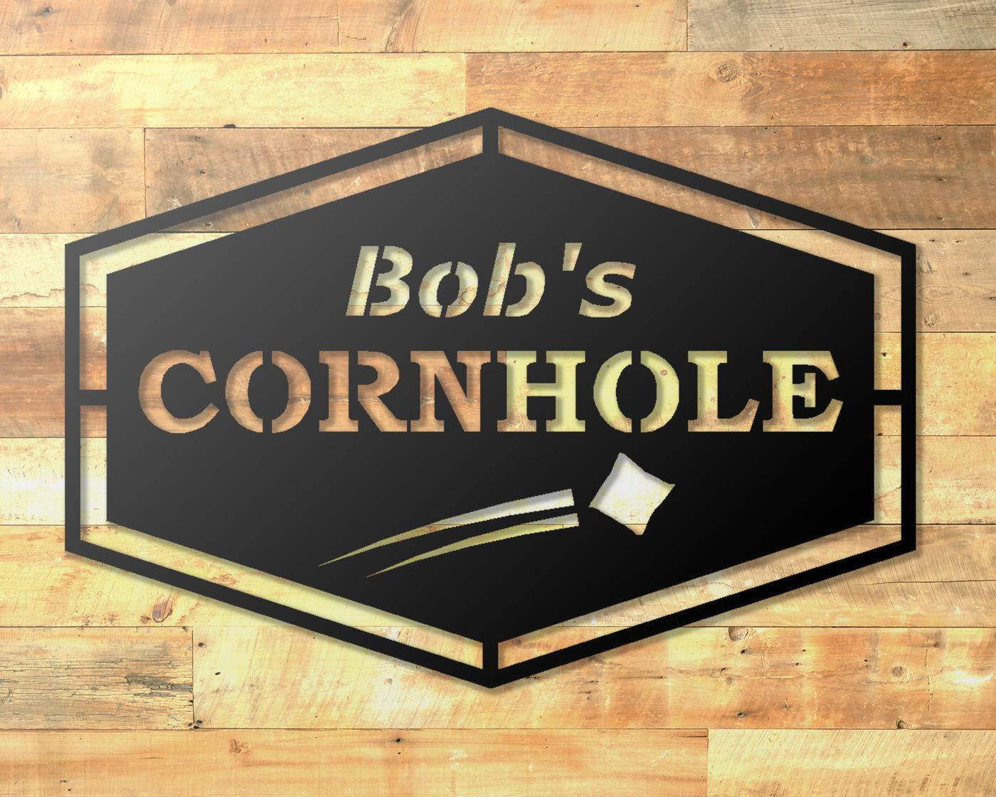 Personalized Cornhole Metal Sign - Madison Iron and Wood - Personalized sign - metal outdoor decor - Steel deocrations - american made products - veteran owned business products - fencing decorations - fencing supplies - custom wall decorations - personalized wall signs - steel - decorative post caps - steel post caps - metal post caps - brackets - structural brackets - home improvement - easter - easter decorations - easter gift - easter yard decor