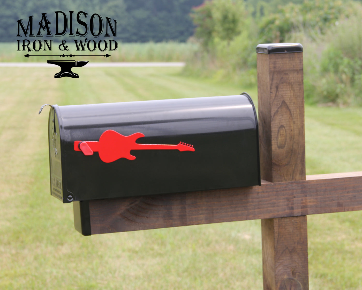 Electric Guitar Mailbox Flag - Madison Iron and Wood - Mailbox Post Decor - metal outdoor decor - Steel deocrations - american made products - veteran owned business products - fencing decorations - fencing supplies - custom wall decorations - personalized wall signs - steel - decorative post caps - steel post caps - metal post caps - brackets - structural brackets - home improvement - easter - easter decorations - easter gift - easter yard decor