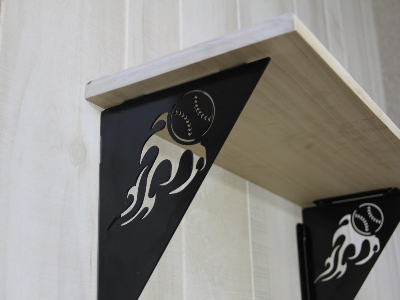 Shelf Brackets, Baseball or Softball Design, 7"x9" Corner Bracket - Madison Iron and Wood - Shelf Brackets - metal outdoor decor - Steel deocrations - american made products - veteran owned business products - fencing decorations - fencing supplies - custom wall decorations - personalized wall signs - steel - decorative post caps - steel post caps - metal post caps - brackets - structural brackets - home improvement - easter - easter decorations - easter gift - easter yard decor
