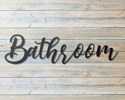 Bathroom Metal Word Sign - Madison Iron and Wood - Metal Word Art - metal outdoor decor - Steel deocrations - american made products - veteran owned business products - fencing decorations - fencing supplies - custom wall decorations - personalized wall signs - steel - decorative post caps - steel post caps - metal post caps - brackets - structural brackets - home improvement - easter - easter decorations - easter gift - easter yard decor