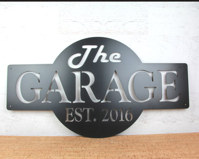 Personalized Garage Metal Sign with Name and EST. Date - Madison Iron and Wood - Personalized sign - metal outdoor decor - Steel deocrations - american made products - veteran owned business products - fencing decorations - fencing supplies - custom wall decorations - personalized wall signs - steel - decorative post caps - steel post caps - metal post caps - brackets - structural brackets - home improvement - easter - easter decorations - easter gift - easter yard decor