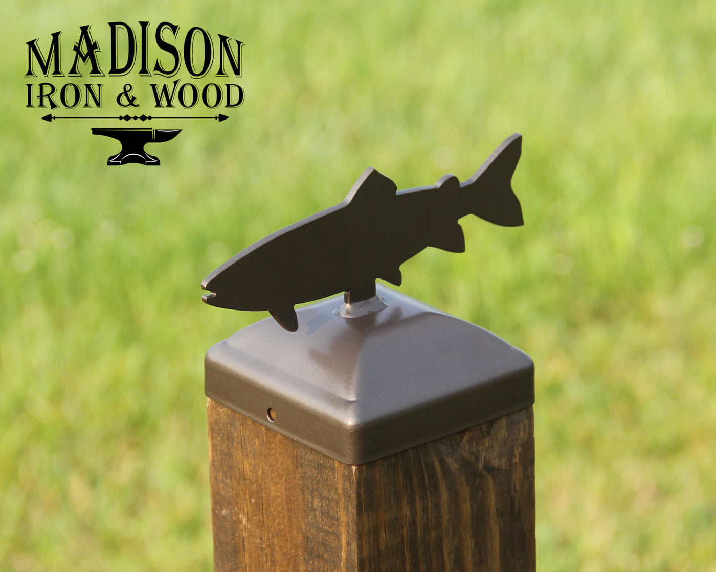 4x4 Trout Post Cap - Madison Iron and Wood - Post Cap - metal outdoor decor - Steel deocrations - american made products - veteran owned business products - fencing decorations - fencing supplies - custom wall decorations - personalized wall signs - steel - decorative post caps - steel post caps - metal post caps - brackets - structural brackets - home improvement - easter - easter decorations - easter gift - easter yard decor