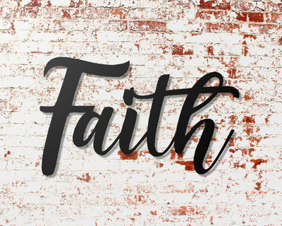 Faith Cursive Metal Word Sign - Madison Iron and Wood - Metal Word Art - metal outdoor decor - Steel deocrations - american made products - veteran owned business products - fencing decorations - fencing supplies - custom wall decorations - personalized wall signs - steel - decorative post caps - steel post caps - metal post caps - brackets - structural brackets - home improvement - easter - easter decorations - easter gift - easter yard decor