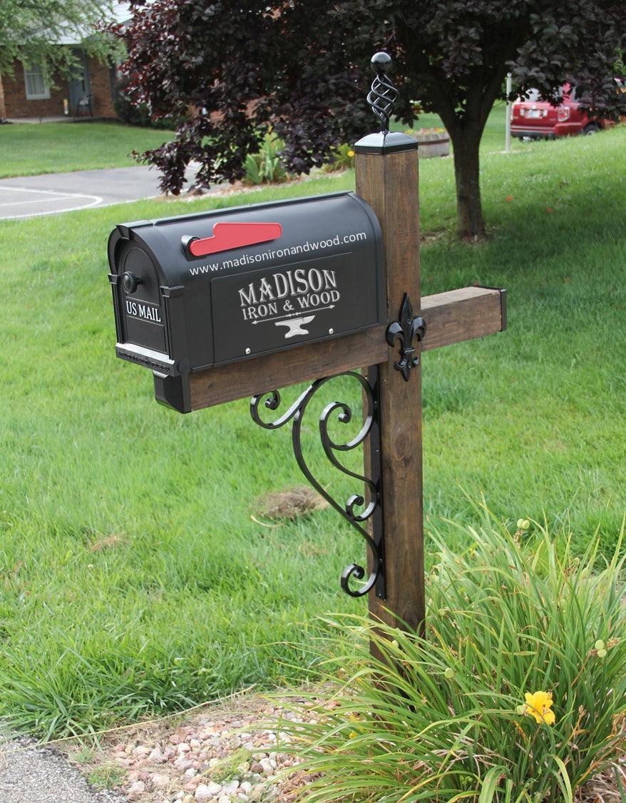 Scrolled Wrought Iron Mailbox Post Dress Up Kit (Mailbox and post NOT included) - Madison Iron and Wood - Mailbox Post Decor - metal outdoor decor - Steel deocrations - american made products - veteran owned business products - fencing decorations - fencing supplies - custom wall decorations - personalized wall signs - steel - decorative post caps - steel post caps - metal post caps - brackets - structural brackets - home improvement - easter - easter decorations - easter gift - easter yard decor
