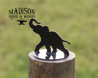 Elephant Post Top For Round Wood Fence Post - Madison Iron and Wood - Post Cap - metal outdoor decor - Steel deocrations - american made products - veteran owned business products - fencing decorations - fencing supplies - custom wall decorations - personalized wall signs - steel - decorative post caps - steel post caps - metal post caps - brackets - structural brackets - home improvement - easter - easter decorations - easter gift - easter yard decor