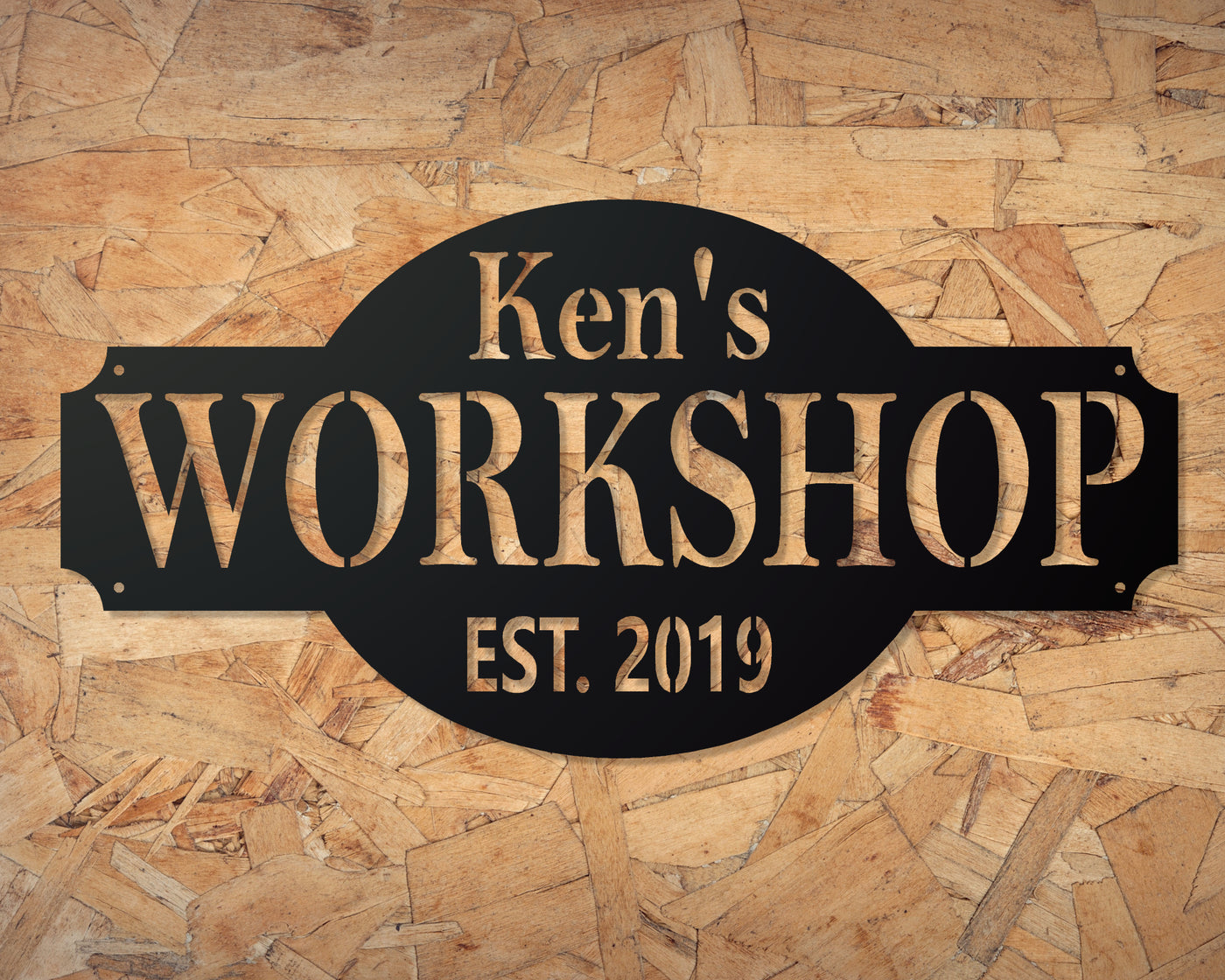 Personalized Workshop Metal Sign with Name and EST. Date - Madison Iron and Wood - Personalized sign - metal outdoor decor - Steel deocrations - american made products - veteran owned business products - fencing decorations - fencing supplies - custom wall decorations - personalized wall signs - steel - decorative post caps - steel post caps - metal post caps - brackets - structural brackets - home improvement - easter - easter decorations - easter gift - easter yard decor
