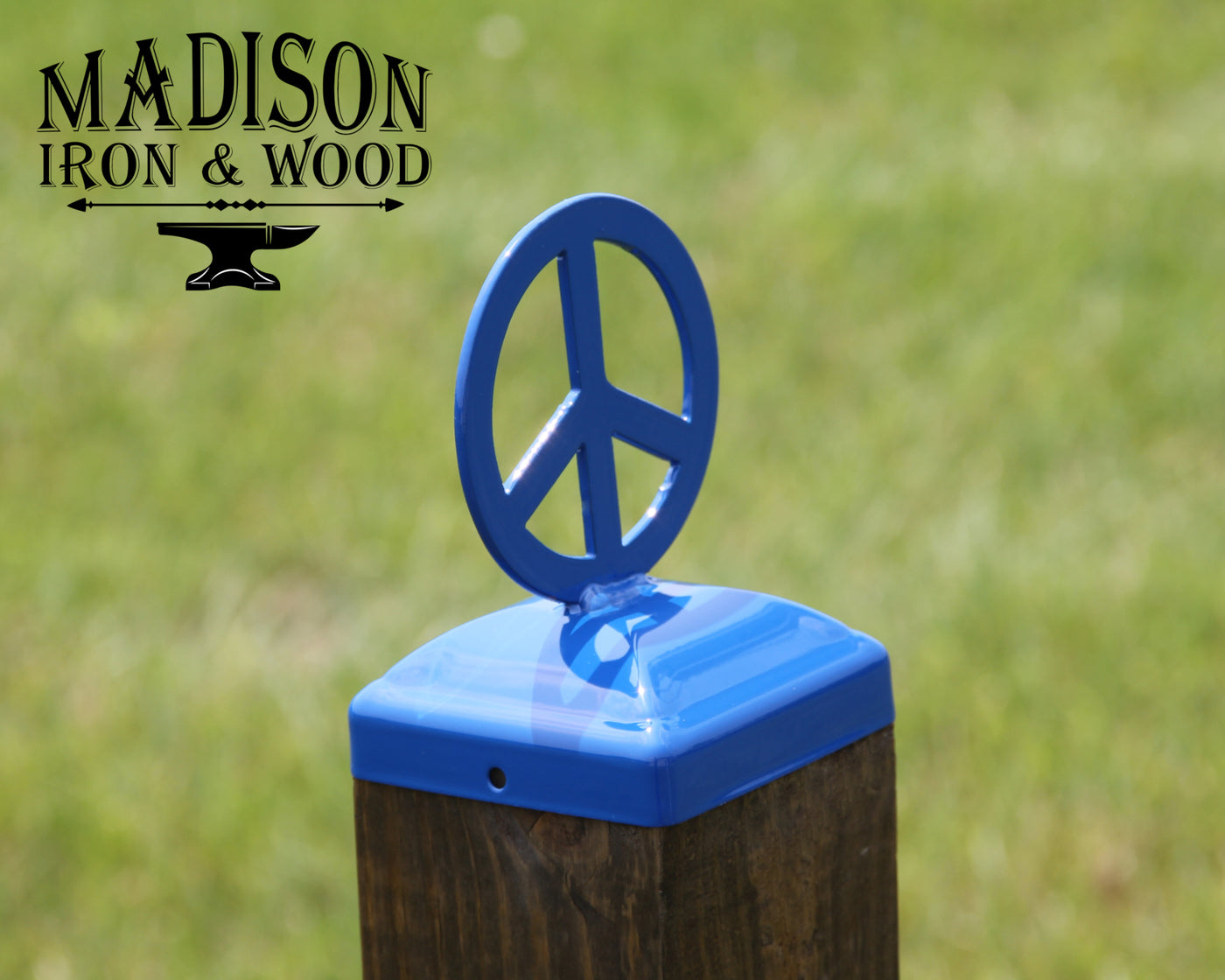 4x4 Peace Symbol Post Cap - Madison Iron and Wood - Post Cap - metal outdoor decor - Steel deocrations - american made products - veteran owned business products - fencing decorations - fencing supplies - custom wall decorations - personalized wall signs - steel - decorative post caps - steel post caps - metal post caps - brackets - structural brackets - home improvement - easter - easter decorations - easter gift - easter yard decor