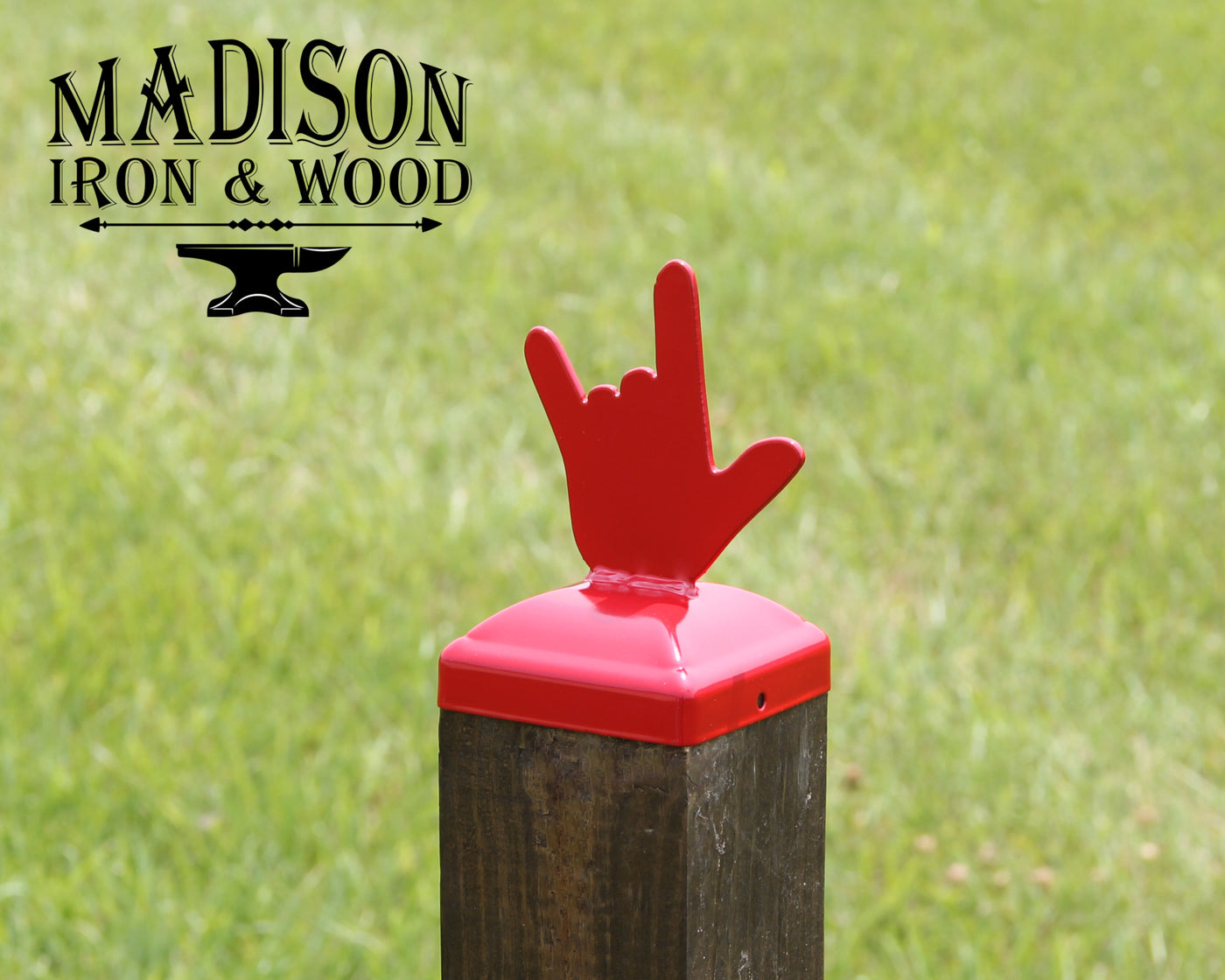 4x4 Love Hand Gesture Post Cap - Madison Iron and Wood - Post Cap - metal outdoor decor - Steel deocrations - american made products - veteran owned business products - fencing decorations - fencing supplies - custom wall decorations - personalized wall signs - steel - decorative post caps - steel post caps - metal post caps - brackets - structural brackets - home improvement - easter - easter decorations - easter gift - easter yard decor
