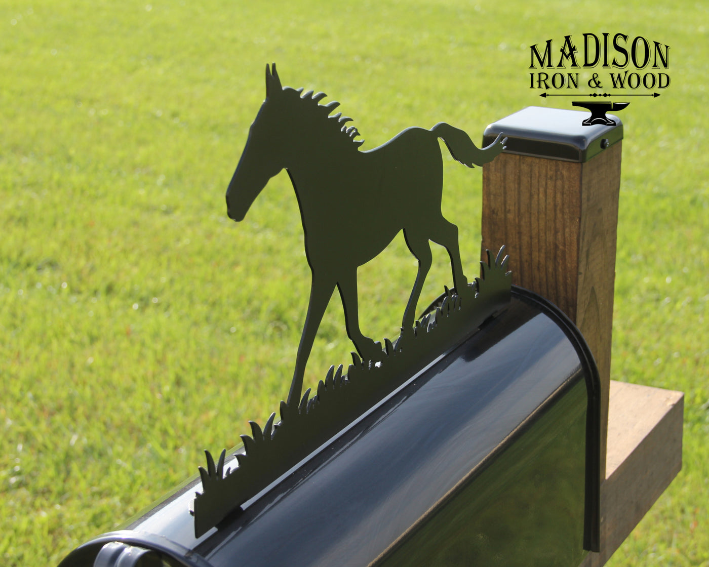 Horse Mailbox Topper - Madison Iron and Wood - Mailbox Post Decor - metal outdoor decor - Steel deocrations - american made products - veteran owned business products - fencing decorations - fencing supplies - custom wall decorations - personalized wall signs - steel - decorative post caps - steel post caps - metal post caps - brackets - structural brackets - home improvement - easter - easter decorations - easter gift - easter yard decor