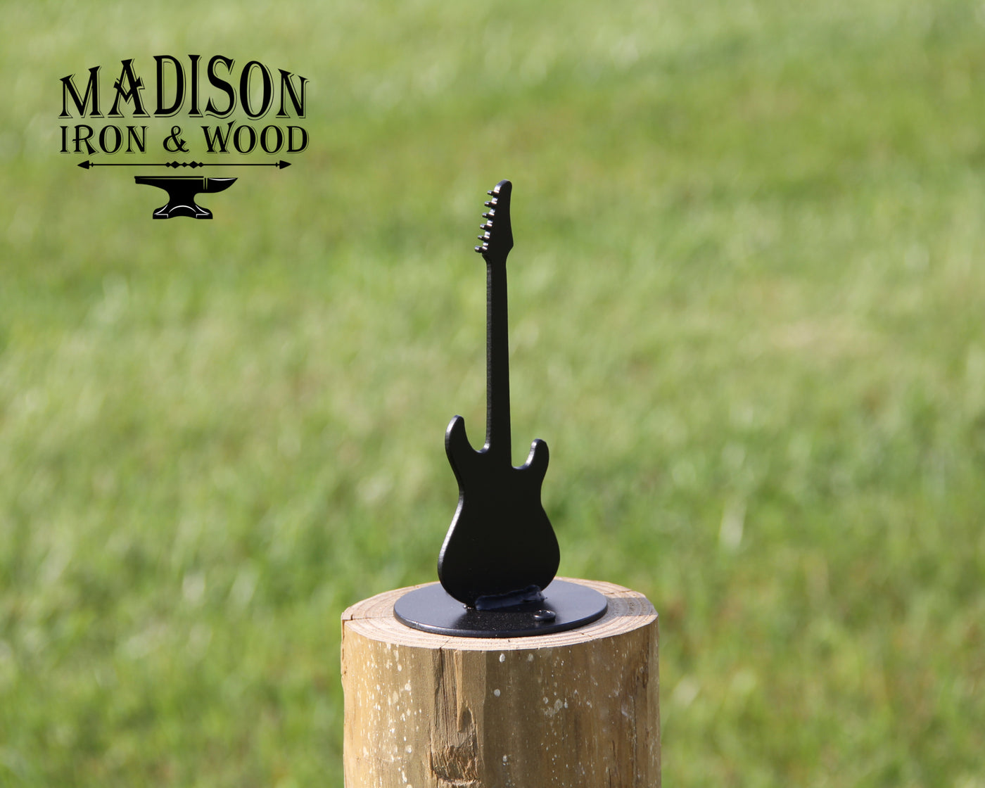 Electric Guitar Post Top For Round Wood Fence Post - Madison Iron and Wood - Post Cap - metal outdoor decor - Steel deocrations - american made products - veteran owned business products - fencing decorations - fencing supplies - custom wall decorations - personalized wall signs - steel - decorative post caps - steel post caps - metal post caps - brackets - structural brackets - home improvement - easter - easter decorations - easter gift - easter yard decor