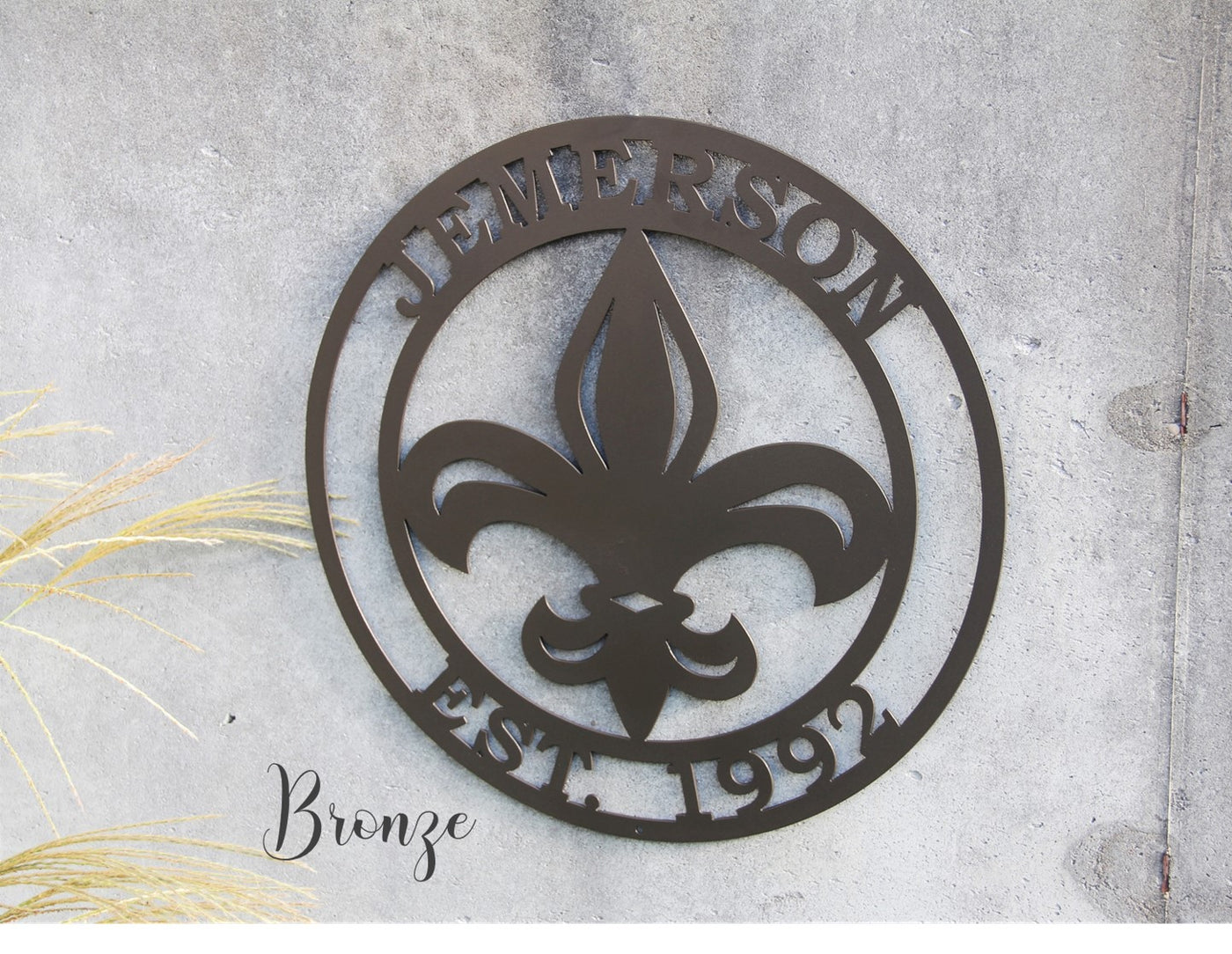 Personalized Fleur De Lis Family Sign - Madison Iron and Wood - Personalized sign - metal outdoor decor - Steel deocrations - american made products - veteran owned business products - fencing decorations - fencing supplies - custom wall decorations - personalized wall signs - steel - decorative post caps - steel post caps - metal post caps - brackets - structural brackets - home improvement - easter - easter decorations - easter gift - easter yard decor